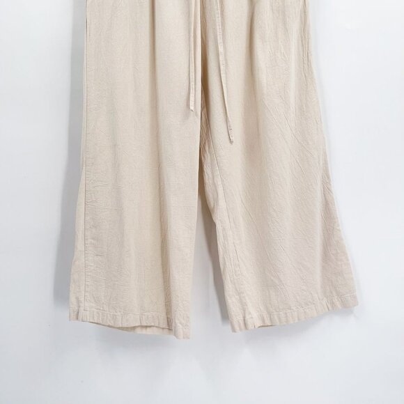 Linen Cropped Wide Leg High Waisted Tan Drawstring Waist Pants Lightweight - Picture 6 of 7